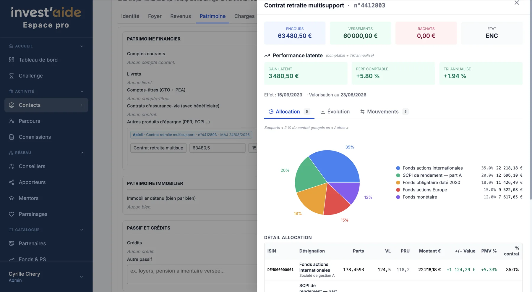 Le patrimoine de vos clients, consolidé — Espace conseiller Invest'Aide